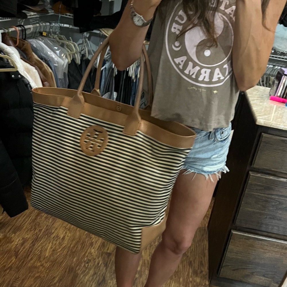 Tory Burch stripe canvas tote